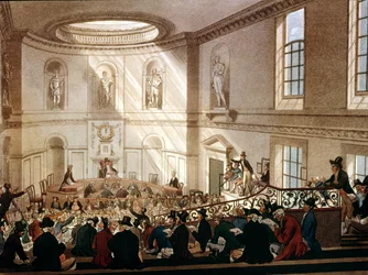 India House, Der Verkaufsraum, aus Ackermanns Microcosm of London, graviert von Joseph Constantine Stadler, 1808