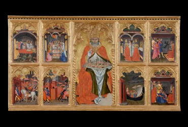 San Gimignano auf dem Thron mit acht Geschichten seines Lebens