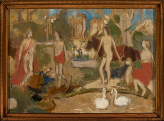 Gartenszene mit Figuren und Schwänen