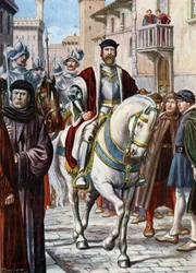 Porträt von Cosimo I. von Toskana, durch die Straßen von Florenz gehend, umgeben von Mitgliedern seiner Miliz