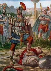 Römische Antike: Darstellung des Konsuls Titus Manlius Imperiosus Torquatus, der 361 v. Chr. einen Gallier besiegt - Titus Manlius Torquatus kämpft gegen einen gallischen Krieger, der das römische Heer herausgefordert hat, und tötet ihn, 361 v. Chr.