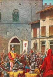 Das Haus von Corso Donati wird von Florentinern angegriffen, nachdem er als Rebell und Verräter verurteilt wurde