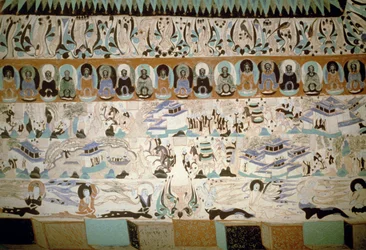 Buddha und Szenen des Alltagslebens, Fresko aus der Tang-Dynastie, China, 7.-10. Jahrhundert