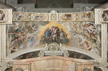 Christus in Herrlichkeit mit Saint Gaudentius und im Bogen Zacharias, Moses und König David