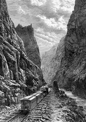 Ein Zug, der durch die Rocky Mountains fährt, USA, 19. Jahrhundert