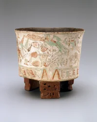 Dreifußvase mit zwei Blasrohrschützen und Quetzalvögeln in Kakaobäumen, Spät-Xolalpan, 550-650