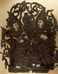 Szene aus dem Nang-Yai-Schattentheater mit Dasakantha und seinen Frauen, Thailand, thailändische Zivilisation