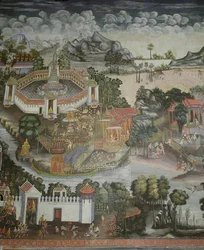 Stadt Phitsanulok und Brunnen mit Buddha-Statuen, Wat Bowonniwet Vihara, Bangkok