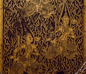 Kleiderschrank für Sutra, geschnitztes und lackiertes Holz, aus Bangkok, Thailand, Detail, thailändische Zivilisation, frühes 19. Jahrhundert
