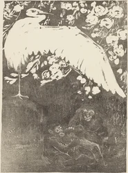 Reiher mit drei Affen