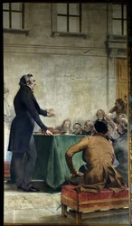 Francois Arago (1786-1853) studierte populäre Astronomie im Amphitheater des Observatoriums. Gemälde von Theobald Chartran (1849-1907). Paris, La Sorbonne - Francois Arago (1786-1853) hält einen Vortrag über populäre Astronomie am Königlichen Observatorium