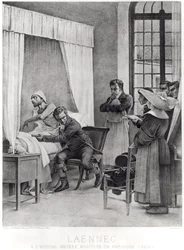 Rene Theophile Hyacinthe Laennec hört die Brust eines Mannes mit Tuberkulose ab, 1816