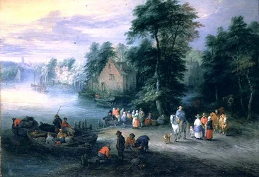Bewaldete Flusslandschaft mit Figuren und Vieh