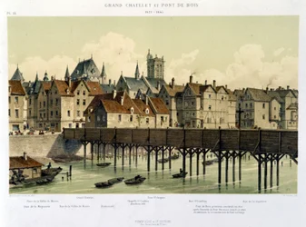 Le grand Châtelet et le pont de bois (1621-1643) - aus „Paris depuis le XIIIème à nos jours“ von Hoffbauer, herausgegeben von Firmin Didot & Cie