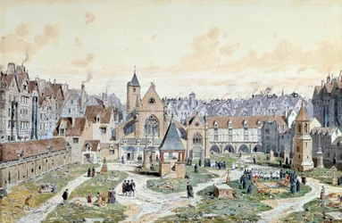 Ansicht des Friedhofs der Unschuldigen in Paris im Jahr 1550