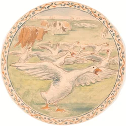 Weidende Kühe und schnatternde Gänse (Entwurf für eine Keramikschale)