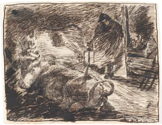 Stallinterieur am Abend mit liegenden Kühen und einem Mann mit einer Laterne