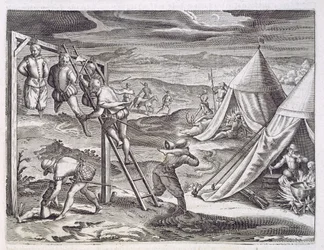 Hängen und Verstümmeln von 3 Dieben, Rio de la Plata, um 1536, aus 