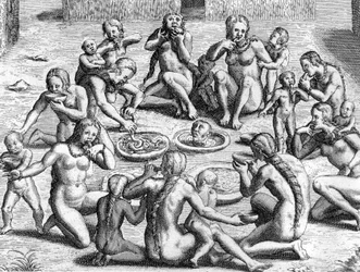 Eine Brühe wird aus den Eingeweiden gemacht: Kannibalismus durch Indianer in der Neuen Welt (Amazonien), Gravur von Theodore de Bry für das Buch "Le Voyage au Brezil de Jean de Lery 1556-1558" veröffentlicht 1578
