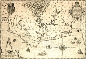 Karte von 1590, graviert von Theodore de Bry nach einem Aquarell des englischen Kolonisten John White, Gouverneur von Roanoke. Virginia und Küste mit kleinen Inseln und Roanoke an der Flussmündung. Secotan und Weapemeoc Indianergebiete.