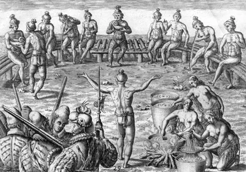 Timucua-Indianer mit französischen Entdeckern