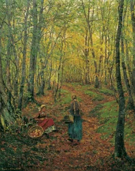 Waldinneres mit pilzesuchendem Mädchen