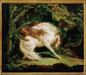 Pferd von einem Löwen angegriffen, nach einer Radierung von Laurie und einem Gemälde von George Stubbs