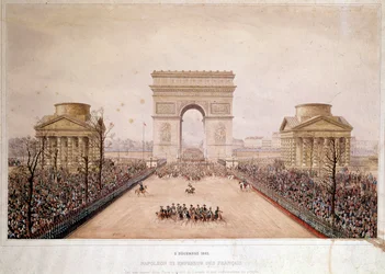 Der französische Kaiser Napoleon III. (1808-1873) betritt Paris am 2.12.1852. Aquarell von Théodore Jung (1803-1865)