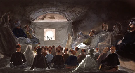 Puppenspiel in einer Schule in Algerien, ca. 1830