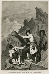 Die montenegrinischen Soldaten während der Aktion, während des Krieges von 1876, während dem Serbien und Montenegro dem Osmanischen Reich den Krieg erklärten, Zeichnung von Valerio, um die Reise nach Montenegro im Jahr 1874 von Charles Yriarte (1832-1898) 