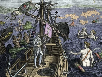 Allegorie der Reisen von Christoph Kolumbus (1451-1506), Gravur aus „Historia Americae sive Novi Orbis“ von Theodor de Bry (1527-1598), Amsterdam 1594