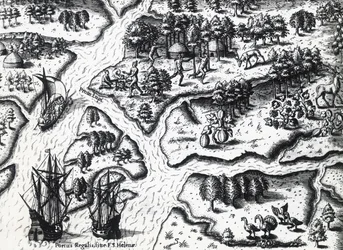 Ankunft der Franzosen in Port Royal im Jahr 1564, von Theodor de Bry (1528-1598) nach einem Gemälde von Jacques le Moyne de Morgues (ca. 1533-vor 1588), Stich