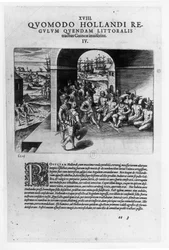 Ankunft der niederländischen Anführer in Guinea: Die Verhandlungen über den Kauf von Sklaven, die an die spanischen Konquistadoren weiterverkauft werden sollten, aus „Petits Voyages“, 1585-88