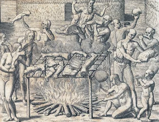 Kannibalismus von Stämmen im Inneren Brasiliens, Stich aus der „Amerikanischen Geschichte“ von Theodore de Bry (1528-1598), Frankfurt, Südamerika