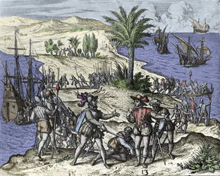 Christoph Kolumbus und sein Bruder wurden 1500 von Francisco de Bobadilla verhaftet. Gravur von Théodore de Bry (1528-1598)