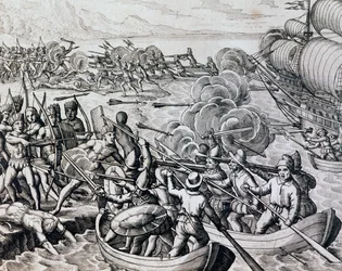 Zusammenstoß zwischen einheimischen Indianern und spanischen Truppen, aus Historia Americae