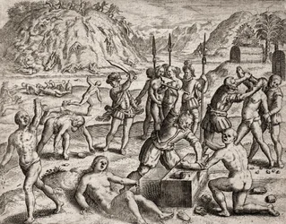Beschreibung der Verbrechen, die Indianern von spanischen Siedlern zugefügt wurden - Konquistadoren massakrieren ein Indianerdorf. Amputationen der Hände - Stich von Theodore de Bry in „Narratio regionum indicarum per Hispanos quosdam devastatarum