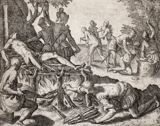 Beschreibung der von spanischen Siedlern an Indianern verübten Verbrechen - Szene der Folterung von Indianern durch spanische Konquistadoren. Folter auf einem Grill, Amputation von Händen - Gravur von Theodore de Bry in „Narratio regionum indicarum per His