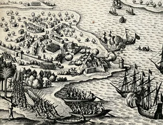 Niederländische Expedition entlang der Küste von Mosambik, Stich aus India orientalis von Theodor de Bry (1528-1598)