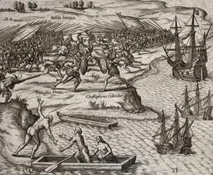 Kampf zwischen Christoph Kolumbus und Francesco Poresio in Jamaika, Stich von Theodor de Bry (1528-1598)