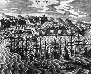 Flotte von Galeonen im Hafen von Acapulco, von Theodor de Bry, Stich