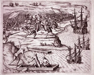 Vierte Reise von Christoph Kolumbus auf die Insel Jamaika im Jahr 1503 (Gravur)