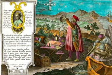 Geschichte Amerikas: Amerigo Vespucci, italienischer Kaufmann und Navigator, benutzt sein Astrolabium, um das Kreuz des Südens zu messen. Links ein Porträt des italienischen Dichters Dante Alighieri und ein Auszug aus dem ersten Gesang der Göttlichen Komöd