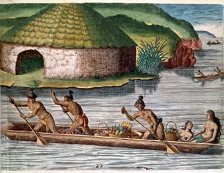 Geschichte Amerikas: „Der Transport von Lebensmitteln auf Booten“ Gravur aus „Admirante Narratio Americae“ (Geschichte Amerikas) von Theodore de Bry (1528-1598)