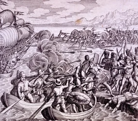 Wie die Spanier auf der Insel Haiti landeten, mit 400 Mann, was zu einer großen Schlacht mit den Einheimischen führte, Illustration aus 