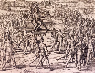 Der Inka-Herrscher Atahualpa, besiegt von den spanischen Truppen Francisco Pizarros (1475-ca. 1541), Peru, Stich aus „Amerikanische Geschichte“ von Theodore de Bry (1528-1598), Frankfurt