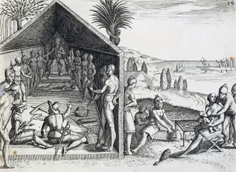 König empfängt europäische Besucher, Kap Lopez, Gabun, Stich aus India orientalis von Theodor de Bry, Afrika