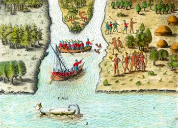 Navigation der Franzosen in Südamerika im 16. Jahrhundert: Ein Wal ist dargestellt (Gravur aus Geschichte Amerikas von Theodore De Bry, 16. Jahrhundert, Privatbesitz)