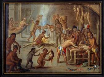 Szene des Kannibalismus in Brasilien im Jahr 1644. Die Indianer verschlangen ihre Feinde und Gefangenen. Gemälde nach einer Illustration der Brasilienreisen von Theodore de Bry. Maße 0,18 x 0,24 m. La Rochelle, Museum d...