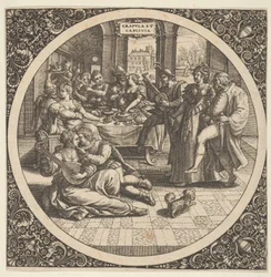 Szene mit Galanten bei einem Bankett in einem Kreis in der Mitte, 1580-1600